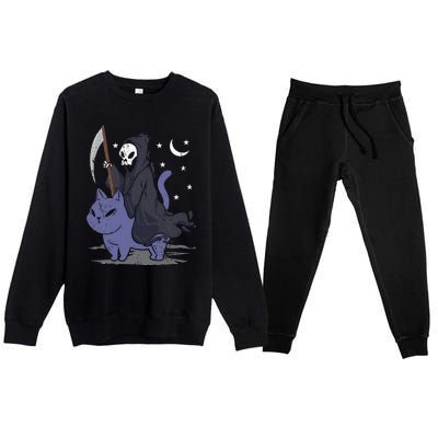 Grim Reaper Riding A Cat Funny Halloween Horror Cat Lover Premium Crewneck Sweatsuit Set