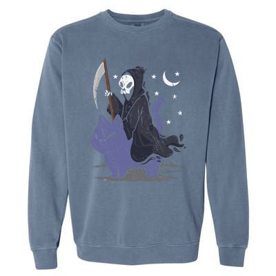 Grim Reaper Riding A Cat Funny Halloween Horror Cat Lover Garment-Dyed Sweatshirt