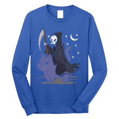 Grim Reaper Riding A Cat Funny Halloween Horror Cat Lover Long Sleeve Shirt