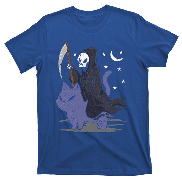 Grim Reaper Riding A Cat Funny Halloween Horror Cat Lover T-Shirt