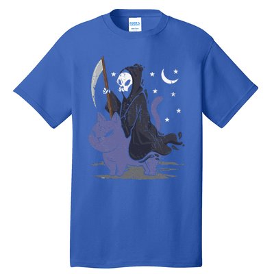 Grim Reaper Riding A Cat Funny Halloween Horror Cat Lover Tall T-Shirt