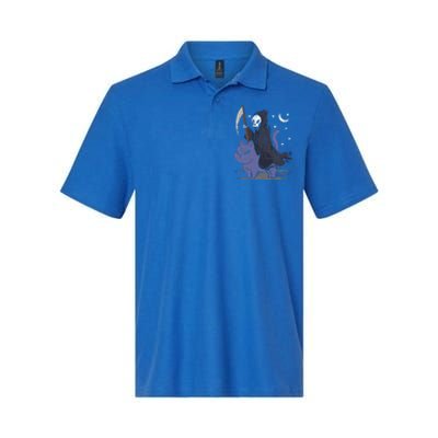 Grim Reaper Riding A Cat Funny Halloween Horror Cat Lover Softstyle Adult Sport Polo