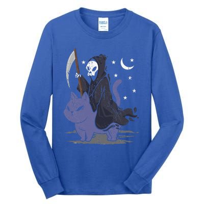 Grim Reaper Riding A Cat Funny Halloween Horror Cat Lover Tall Long Sleeve T-Shirt