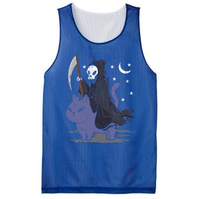 Grim Reaper Riding A Cat Funny Halloween Horror Cat Lover Mesh Reversible Basketball Jersey Tank