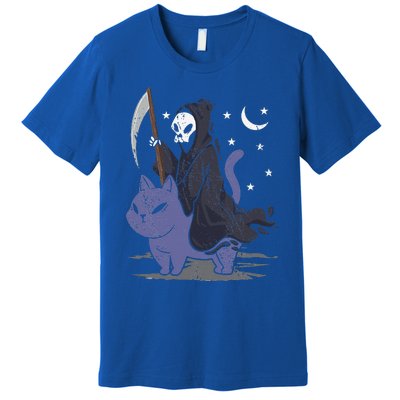 Grim Reaper Riding A Cat Funny Halloween Horror Cat Lover Premium T-Shirt