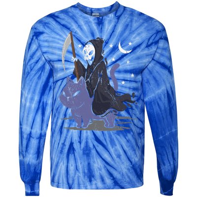 Grim Reaper Riding A Cat Funny Halloween Horror Cat Lover Tie-Dye Long Sleeve Shirt