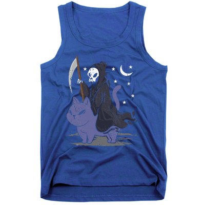 Grim Reaper Riding A Cat Funny Halloween Horror Cat Lover Tank Top