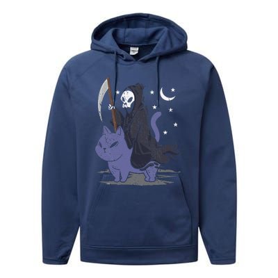 Grim Reaper Riding A Cat Funny Halloween Horror Cat Lover Performance Fleece Hoodie