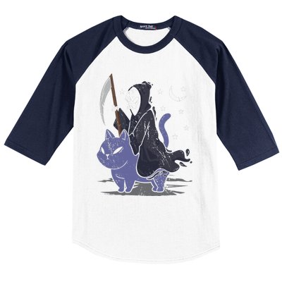 Grim Reaper Riding A Cat Funny Halloween Horror Cat Lover Baseball Sleeve Shirt