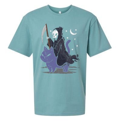 Grim Reaper Riding A Cat Funny Halloween Horror Cat Lover Sueded Cloud Jersey T-Shirt