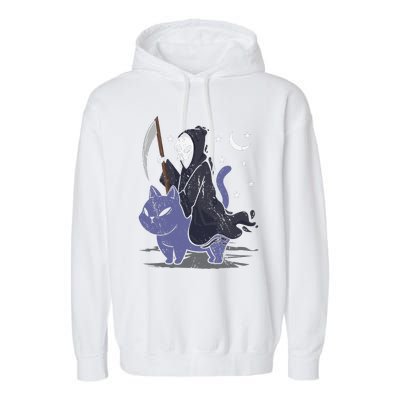 Grim Reaper Riding A Cat Funny Halloween Horror Cat Lover Garment-Dyed Fleece Hoodie