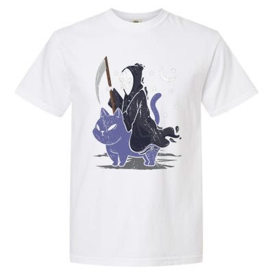 Grim Reaper Riding A Cat Funny Halloween Horror Cat Lover Garment-Dyed Heavyweight T-Shirt