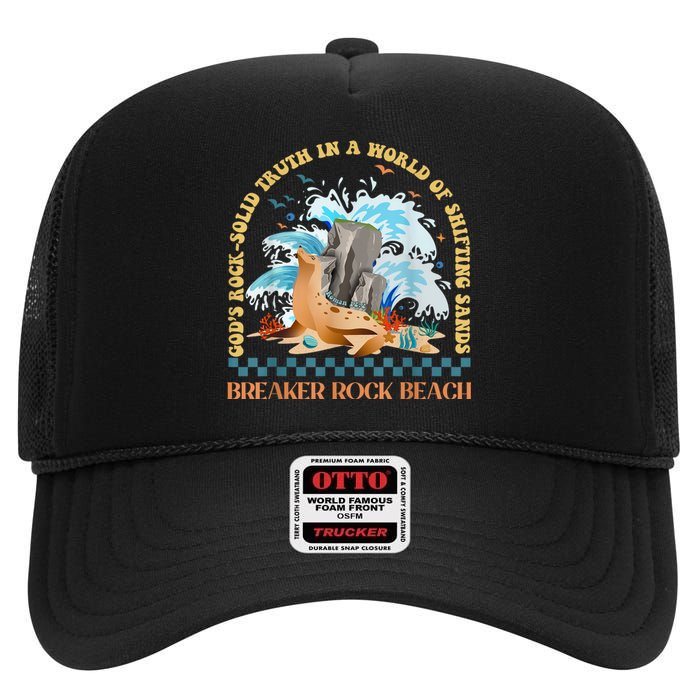 GodS Rocksolid Retro Breaker Rock Beach Vbs 2024 Christian High Crown Mesh Back Trucker Hat