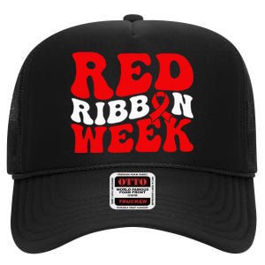 Groovy Red Ribbon Week We Wear Red For Awareness High Crown Mesh Back Trucker Hat