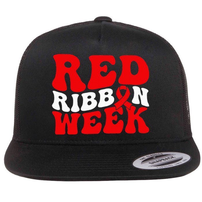 Groovy Red Ribbon Week We Wear Red For Awareness Flat Bill Trucker Hat