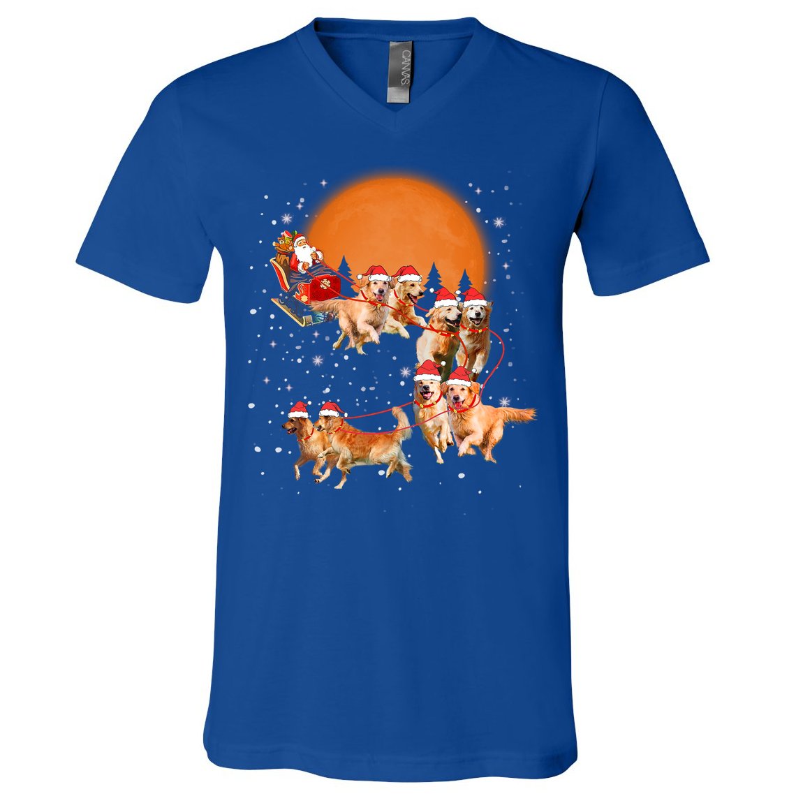 Golden Retriever Reindeer Santa Sleigh Christmas Dog Lover Gift V-Neck T-Shirt
