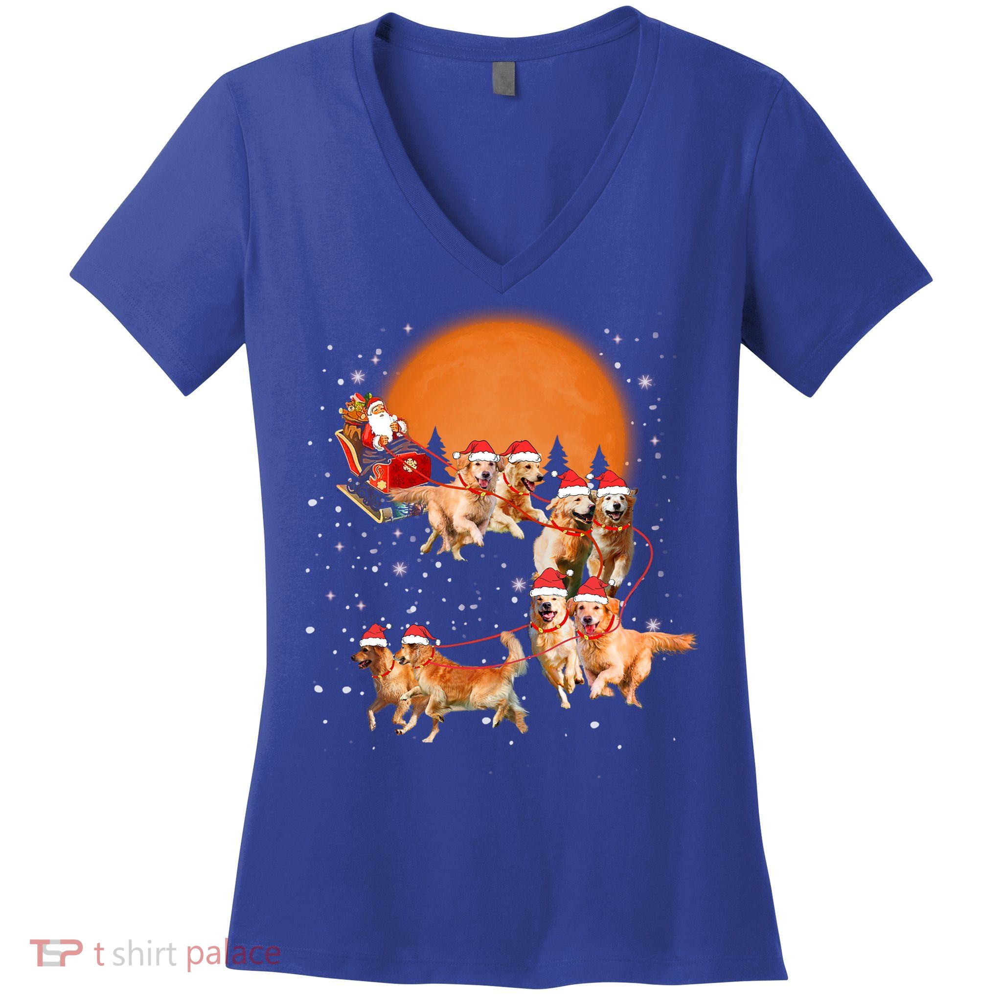 Golden Retriever Reindeer Santa Sleigh Christmas Dog Lover Gift Women's V-Neck T-Shirt