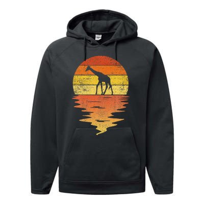 Giraffe Retro Sunset 70s Vintage Giraffe Performance Fleece Hoodie