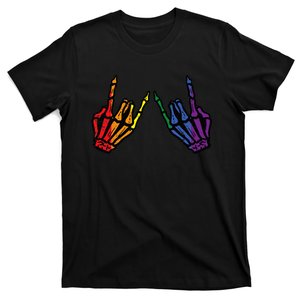 Gay Rocker Skeleton Hands Rainbow Pride Lgbt Rock T-Shirt