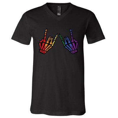 Gay Rocker Skeleton Hands Rainbow Pride Lgbt Rock V-Neck T-Shirt