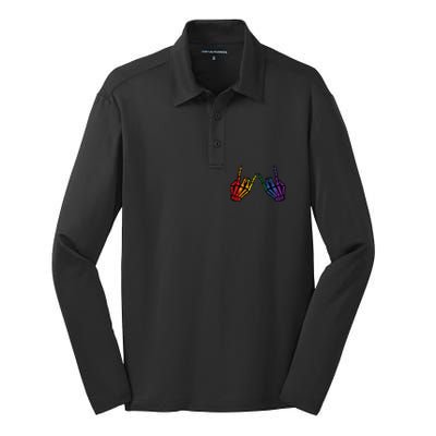 Gay Rocker Skeleton Hands Rainbow Pride Lgbt Rock Silk Touch Performance Long Sleeve Polo