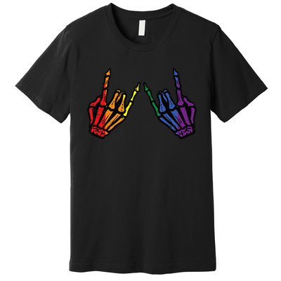 Gay Rocker Skeleton Hands Rainbow Pride Lgbt Rock Premium T-Shirt