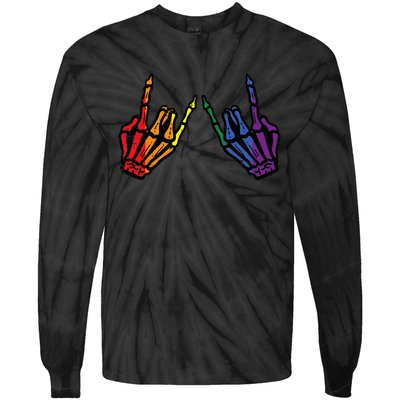 Gay Rocker Skeleton Hands Rainbow Pride Lgbt Rock Tie-Dye Long Sleeve Shirt