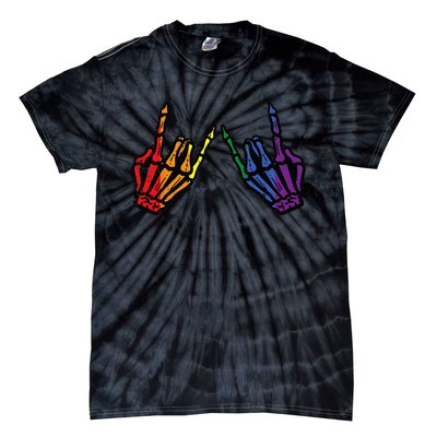 Gay Rocker Skeleton Hands Rainbow Pride Lgbt Rock Tie-Dye T-Shirt