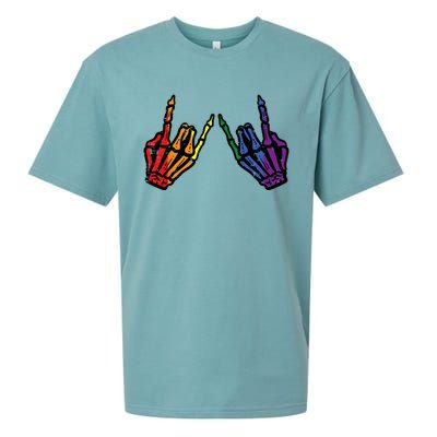 Gay Rocker Skeleton Hands Rainbow Pride Lgbt Rock Sueded Cloud Jersey T-Shirt