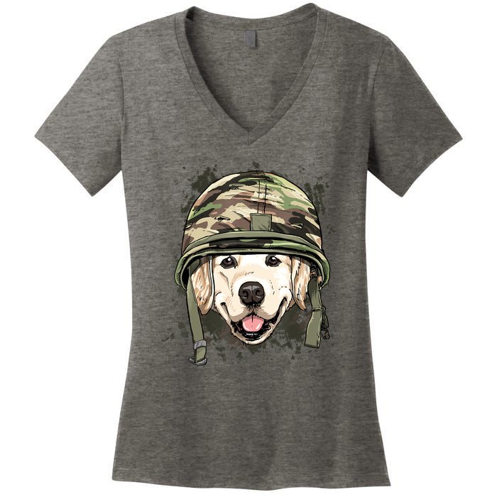 Golden Retriever Soldier Veteran Dog Army Dog Lover Women's V-Neck T-Shirt