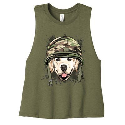 Golden Retriever Soldier Veteran Dog Army Dog Lover Women's Racerback Cropped Tank