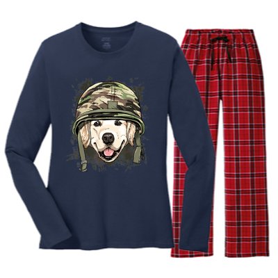 Golden Retriever Soldier Veteran Dog Army Dog Lover Women's Long Sleeve Flannel Pajama Set 