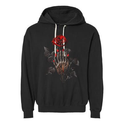 Gothic Rose Skeleton Hand Dark Academia Aesthetic Halloween Garment-Dyed Fleece Hoodie