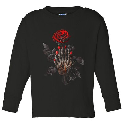 Gothic Rose Skeleton Hand Dark Academia Aesthetic Halloween Toddler Long Sleeve Shirt