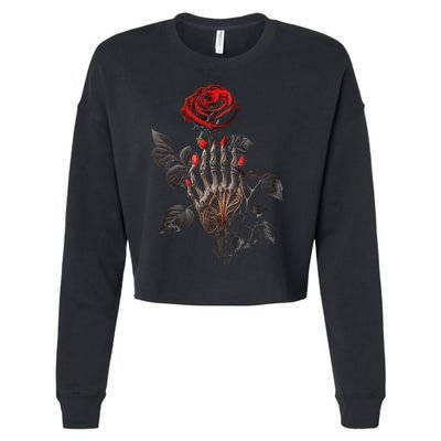 Gothic Rose Skeleton Hand Dark Academia Aesthetic Halloween Cropped Pullover Crew