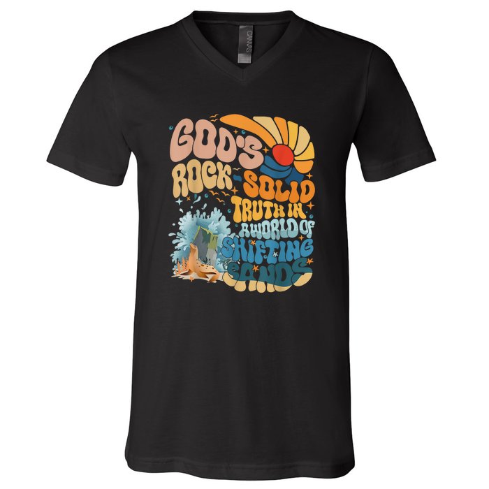 Gods Rock Solid Breaker Rock Beach Vbs 2024 Christian Gift V-Neck T-Shirt