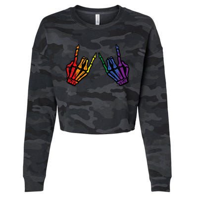 Gay Rocker Skeleton Hands Rainbow Pride Lgbt Rock Cropped Pullover Crew