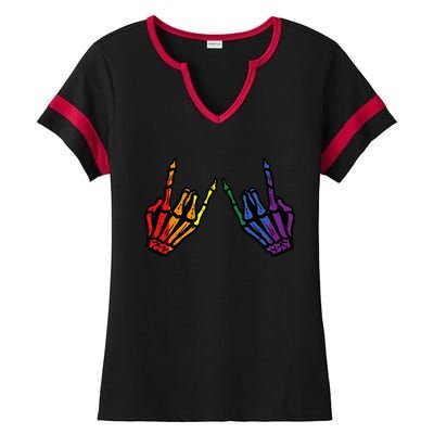 Gay Rocker Skeleton Hands Rainbow Pride Lgbt Rock Ladies Halftime Notch Neck Tee