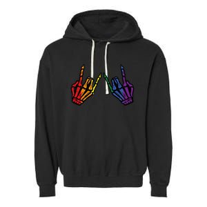 Gay Rocker Skeleton Hands Rainbow Pride Lgbt Rock Garment-Dyed Fleece Hoodie