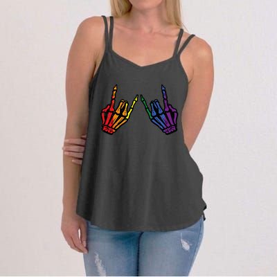 Gay Rocker Skeleton Hands Rainbow Pride Lgbt Rock Women's Strappy Tank