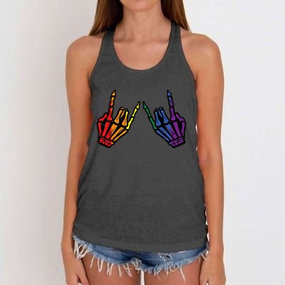 Gay Rocker Skeleton Hands Rainbow Pride Lgbt Rock Women's Knotted Racerback Tank