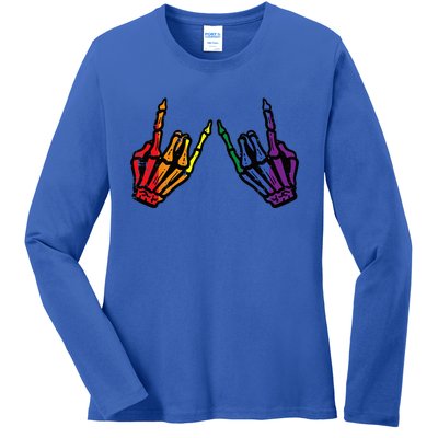 Gay Rocker Skeleton Hands Rainbow Pride Lgbt Rock Ladies Long Sleeve Shirt