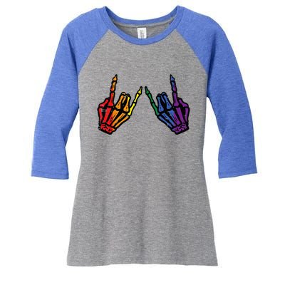 Gay Rocker Skeleton Hands Rainbow Pride Lgbt Rock Women's Tri-Blend 3/4-Sleeve Raglan Shirt