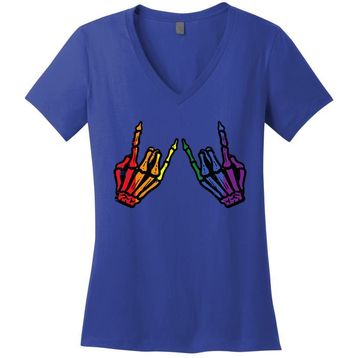 Gay Rocker Skeleton Hands Rainbow Pride Lgbt Rock Women's V-Neck T-Shirt