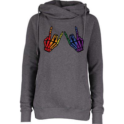 Gay Rocker Skeleton Hands Rainbow Pride Lgbt Rock Womens Funnel Neck Pullover Hood