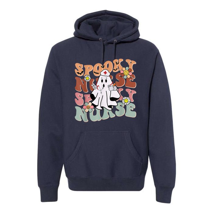 Groovy Retro Spooky Nurse Ghost Halloween Trick Or Treat Premium Hoodie