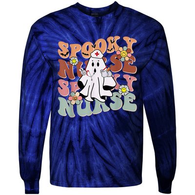 Groovy Retro Spooky Nurse Ghost Halloween Trick Or Treat Tie-Dye Long Sleeve Shirt