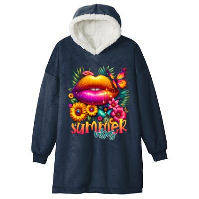 Groovy Retro Summer Vibes Tropical Flowers Hello Summer Cool Gift Hooded Wearable Blanket