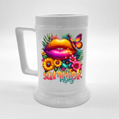 Groovy Retro Summer Vibes Tropical Flowers Hello Summer Cool Gift Beer Stein