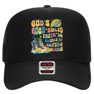 GodS Rock Solid Breaker Rock Beach Vbs 2024 Christian High Crown Mesh Back Trucker Hat